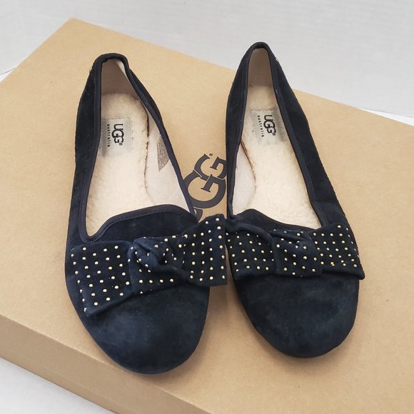 New Women UGG Shoes HALLOWAY Slip On Black Bow Gold Tiny Studds Loafer 8 1004766 - Picture 1 of 9